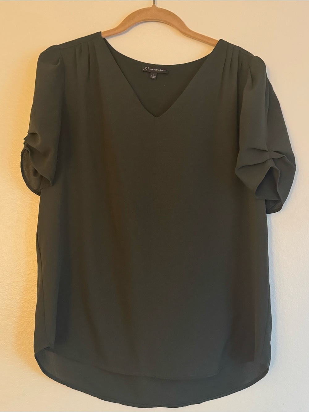 Adrianna Papell Olive Green V-Neck Puff Sleeve Blouse